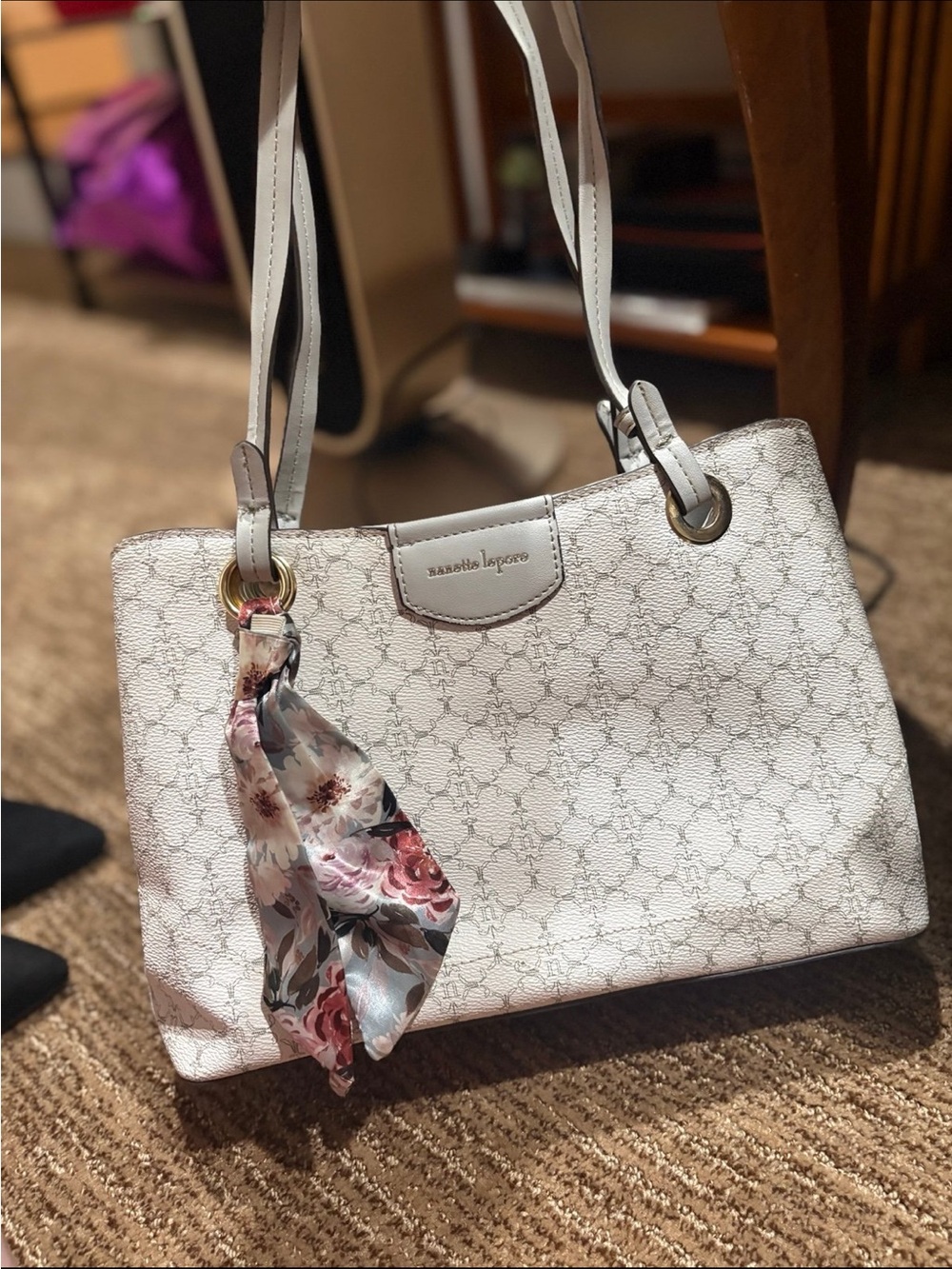 Nanette Lepore White Patterned Tote Bag With Colorful Ribbon